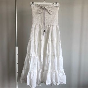 White Strapless Midi Dress with Ruching